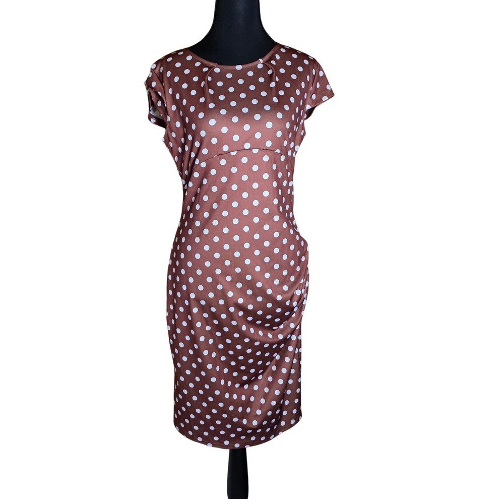 OC Order Plus Polka Dot Dress Ruched Bodycon Party Cocktail Brown White‎ M